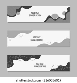 Set of 3 abstract vector banner templates. Banners with geometric elements, wavy smooth striped shapes, circles. Place for text. Vector black and white illustration.