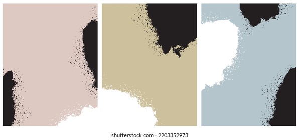 Set of 3 Abstract Vector Layouts. White and Black Paint Stains and Splashes isolated on a Dusty Pink, Pale Green and Light Blue Background. Stains and Splatter Print Set. No Text.