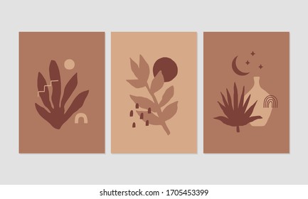 Conjunto de 3 afiches estéticos para decoración casera, invitación, diseños de tarjetas de felicitación. Ilustraciones abstractas vectoriales con elementos de diseño dibujados a mano, plantas, formas geométricas y objetos.