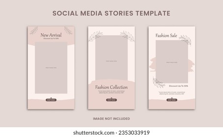 Set of 3 Aesthetic Social Media Stories Design Template, Decorated with Pink Brush, Leaves Object and Frame Photo. Suitable for Advertisement, Branding Product Fashion, Skin care, Jewelry