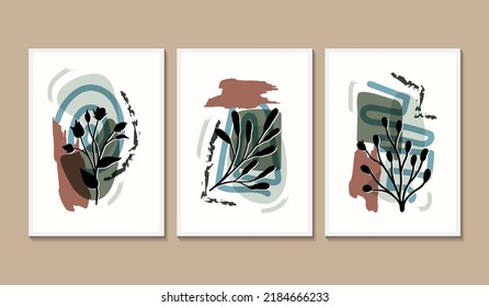 Set of 3 aesthetic wall art poster with monsterra leaves and abstract shapes element