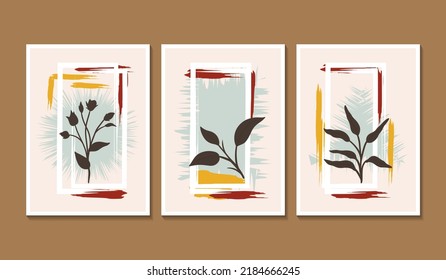 Set of 3 aesthetics minimalism wall art poster with leaves silhouette and abstract element