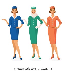 Set of 3 air hostesses Dressed In Uniform With Color Variants. Arab and European stewardess. Vector illustration