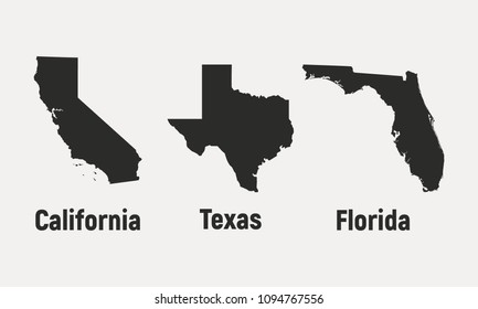 Set of 3 American states icons. California, Texas, Florida, USA. Vector illustration