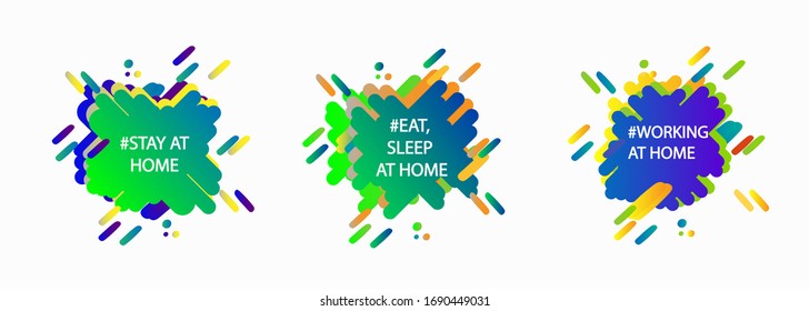 Set of 3 amoebic banners with the words stay at home, work at home, eat, sleep at home. Vector. Protection from coronavirus.