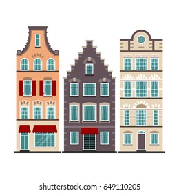 Set of 3 Amsterdam old houses cartoon facades. Traditional architecture of Netherlands. Colorful flat isolated illustrations in the Dutch style.