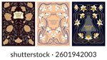 Set of 3 antique frames in Art Nouveau style with pattern of flowers, buds, leaves and branches. Vintage Victorian style concept. Handmade drawing vector illustration.