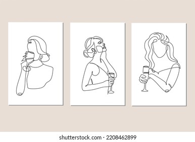 Set of 3 art poster of Woman with wine glass line art. Girl drinks wine or champagne from a glass. Linear silhouette of a woman with a glass goblet. Drawing in one continuous line. Minimalist logo