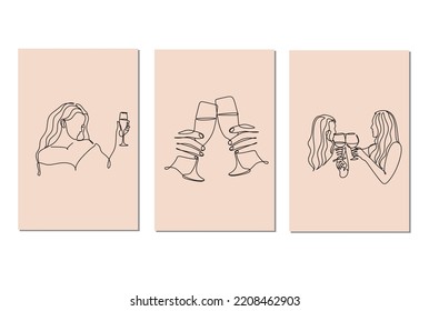 Set of 3 art poster of Woman with wine glass line art. Girl drinks wine or champagne from a glass. Linear silhouette of a woman with a glass goblet. Drawing in one continuous line. Minimalist logo