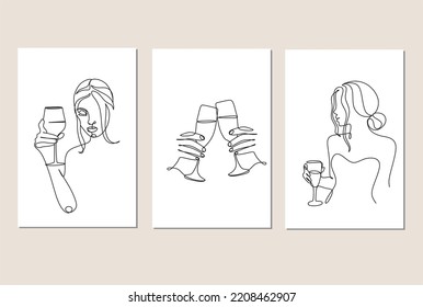 Set of 3 art poster of Woman with wine glass line art. Girl drinks wine or champagne from a glass. Linear silhouette of a woman with a glass goblet. Drawing in one continuous line. Minimalist logo