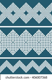 A set of 3 Asian (Chinese, Korean or Japanese) or Celtic style knot seamless borders or patterns. White knots on dark blue background, isolated. Monochromatic vector illustration.