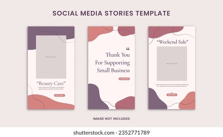 Set of 3 Attractive Social Media Instagram Stories Design Template, Decorated with Square Frame and Purple Blob Object. Suitable for Advertising, Branding, Promotion Product Bakery, Cookie, Beauty