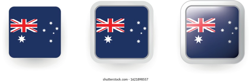Set of 3 Australia vector labels - square button shield, flat and volumetric style in flag colors blue, red, white for flyer any holiday design or poster