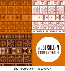 Set of 3 australian tribes dotted pattern vector seamless. Aboriginal art design print with concentric sunny circles. Tribal ornament for fabric, wrapping paper or cards template.