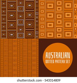 Set of 3 australian tribes dotted pattern vector seamless. Aboriginal art design print with dot lines. Tribal ornament for fabric, wrapping paper or cards template.