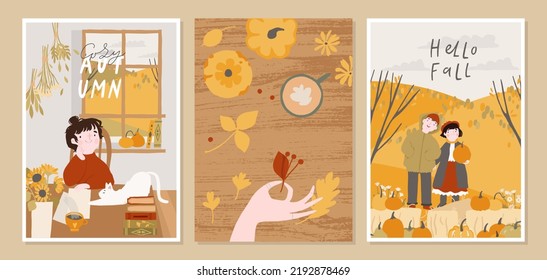 Set Of 3 Autumn Cards. Fall Mood Posters, Postcard, Flyer Template. Cozy Romantic Concept With Friends, Couple, Girl In Autumn Decorations. Cute Flat Cartoon Vector Illustration Collection