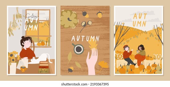 Set Of 3 Autumn Cards. Fall Mood Posters, Postcard, Flyer Template. Cozy Romantic Concept With Friends, Couple, Girl In Autumn Decorations. Cute Flat Cartoon Vector Illustration Collection