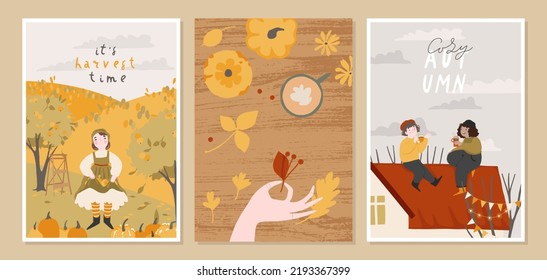 Set Of 3 Autumn Cards. Fall Mood Posters, Postcard, Flyer Template. Cozy Romantic Concept With Friends, Couple, Girl In Autumn Decorations. Cute Flat Cartoon Vector Illustration Collection