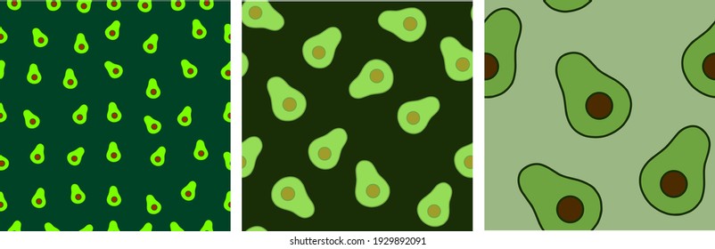 
set of 3 Avocado seamless pattern for printing, fabric and packaging of organic, vegan, raw foods. Texture for eco and healthy food