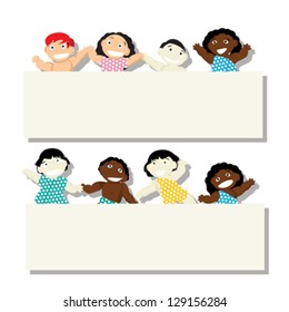 Set 3 of babies of different ethnicity with banner, isolated objects on white background. Vector cartoons.