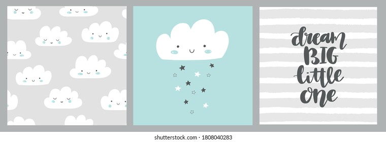 Set of 3 baby cards in gray and blue. Cute smiling cloud, stars and cloud pattern. Dream big little one lettering. Scandinavian nursery art for boys. Gender neutral card design for baby shower.