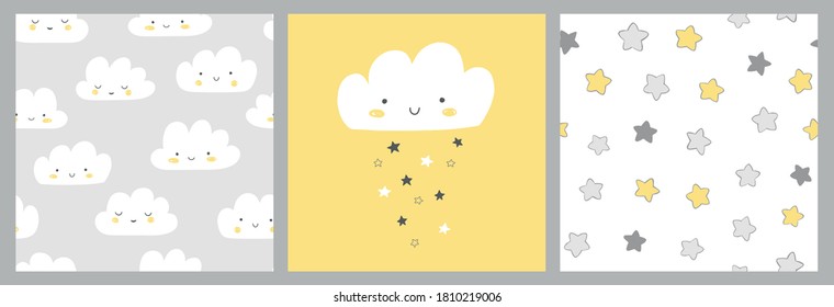 Set Of 3 Baby Cards In Gray And Yellow. Cute Smiling Cloud, Stars And Cloud Pattern. Scandinavian Nursery Art For Boys. Gender Neutral Card Design For Baby Shower.