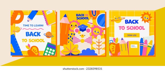 Set of 3 Back to School Templates. Modern, bright with a variety of school supplies and cute little planets and a teddy bear. This design will make your advertisement, invitation or poster stand out.