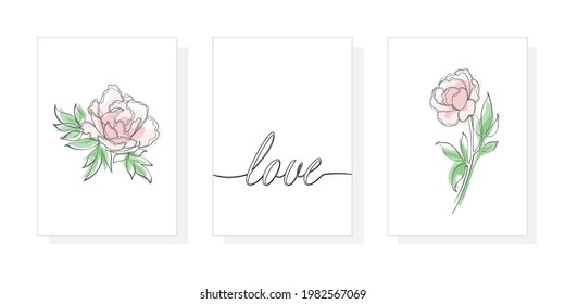 Set of 3 background One line drawing vector piony flower. Modern single line art, aesthetic contour. Perfect for home decor such as posters, wall art, tote bag or t-shirt print, sticker, mobile case