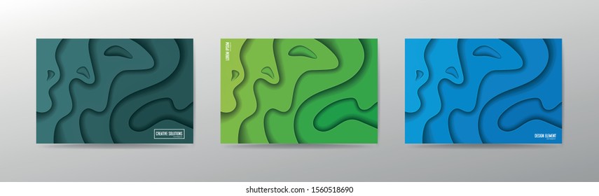 Set of 3 backgrounds with colorful paper cut shapes. 3D abstract paper art style, design layout for business presentation. Cover layout design template.
