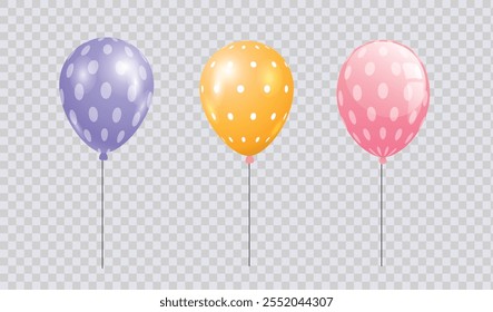 Set 3 Balloons isolated colorful on a transparent background. perfect for anniversary and birthday party designs