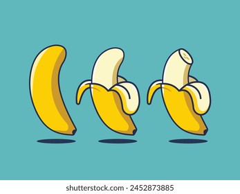 conjunto de 3 bananas enteras picadas diseño plano mordido 