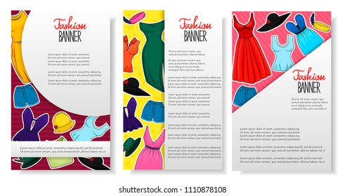 Set of 3 banners with clothing and accesories for women. Boutique, shop advertisement concept. Sketchy style drawing. Template for flyer, magazine, poster,cover, banner,greeting card,invitation