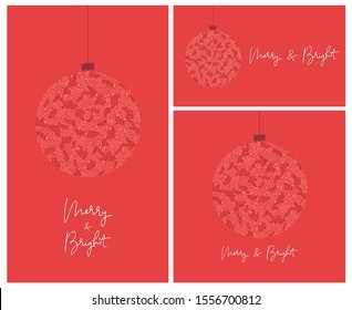 Set of 3 Banners with Merry and Bright Calligraphy Script Words, Bauble of Hand-Drawn Doodle Swirls. Winter Holiday Foliage on Red Background. Christmas Festive Poster, Greeting Card, Design Element