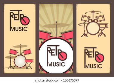 set of 3 banners in retro style with drums