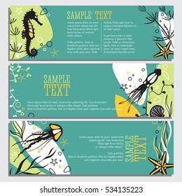 Set of 3 banners sea life and underwater theme, modern design layout, graphic elements sea animals jellyfish, starfish, seahorse and shells and plants isolated vector.