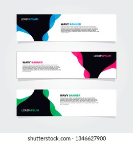Set of 3 banners template design. Modern abstract wave blue, pink, green color element for web and print.