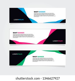 Set of 3 banners template design. Modern abstract wave blue, pink, green color element for web and print.
