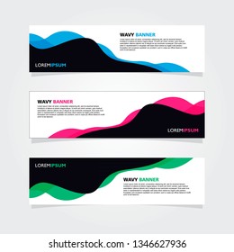 Set of 3 banners template design. Modern abstract wave blue, pink, green color element for web and print.