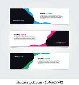 Set of 3 banners template design. Modern abstract wave blue, pink, green color element for web and print.