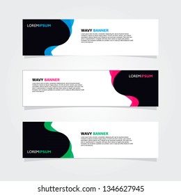 Set of 3 banners template design. Modern abstract wave blue, pink, green color element for web and print.