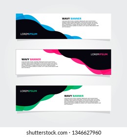 Set of 3 banners template design. Modern abstract wave blue, pink, green color element for web and print.
