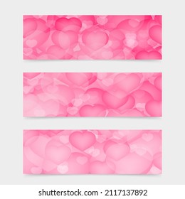 Set of 3 banners for Valentines Day. Hearts vector background. Perfect template for website, social media, etc.