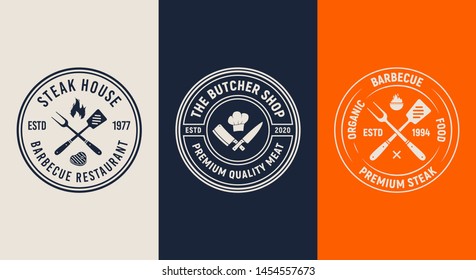 Set of 3 Barbecue logos. BBQ template menu design. Vintage Restaurant emblems. Trendy design. Vector illustration