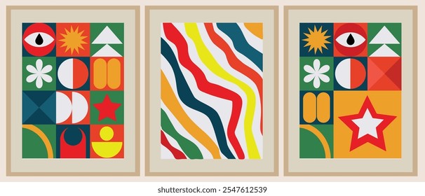 Set of 3 Bauhaus paintings, Mid-20th century modern posters, classic geometry