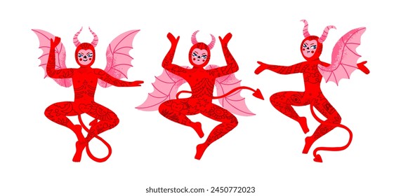 Set of 3  beautiful demonesses with wings and tattoos. Red Vintage devils isolated on white background. Vector illustration in flat cartoon style.