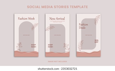 Set of 3 Beautiful Pink Social Media Stories Design Template, Decorated with Rounded Frame, Wave Object and Leaf Illustration. Suitable For Promotion, Advertisement, Branding Fashion Beauty