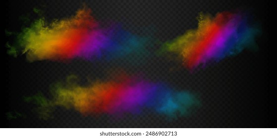 Set of 3 beautiful rainbow smoke cloud of red, orange, yellow, green, blue, purple and pink colors isolated on dark semi transparent background. Gradient fog vector illustration.