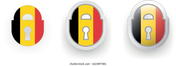 Set of 3 Belgium vector labels - locked padlock, flat and volumetric style in flag colors black, yellow, red for flyer any holiday design or poster
