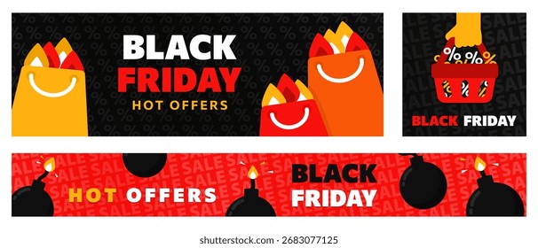 Set of 3 Black Friday banners with cartoon shopping bags, explosive bombs, and shopping basket. HOT SALE. Promo brochures with bold flat design for online ads, e-commerce, retail marketing campaigns.