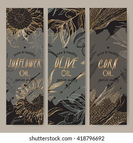 Set of 3 black and golden vector sunflower, olive, corn oil label templates. Based on had drawn sketch. Great for packaging and advertising design.